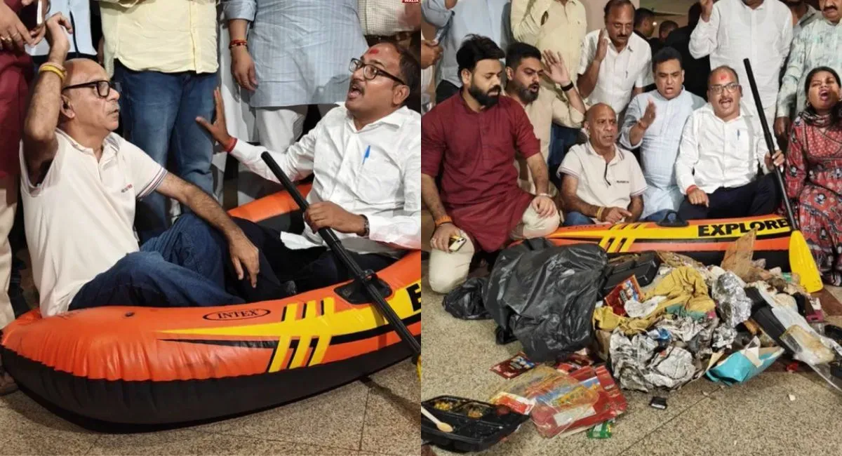 Delhi: Boats, Garbage Inside MCD House As AAP Councillors Protest Waterlogging, Sanitation | WATCH