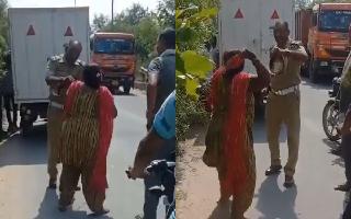 Ghaziabad News: Woman E-Rickshaw Driver Hits Traffic Policeman With Slippers In Indirapuram | Watch