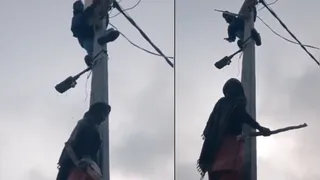 Woman Confronts Electrician: Climbs Pole To Prevent Electricity Cut | Watch Viral Video