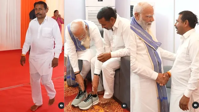 pm-modi-makes-barefooted-man-wear-footwear-after-14-years-all-about-rampal-kashyaps-vow-and-a-dream-come-true-video