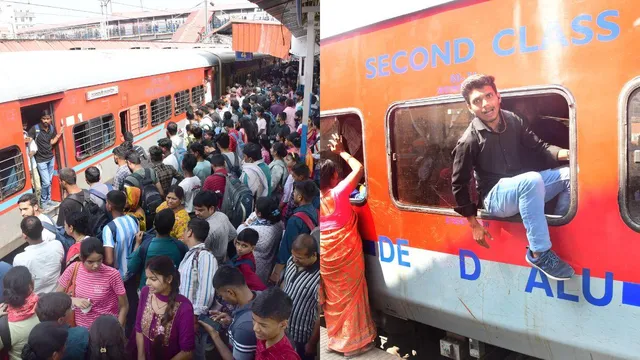 chhath-puja-rush-passengers-hang-from-doors-on-overcrowded-trains-to-bihar