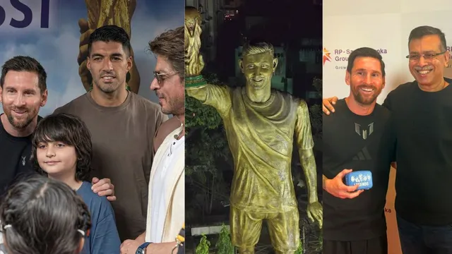 lionel-messi-unveils-his-70-foot-statue-in-kolkata-meets-shah-rukh-khan-with-warm-handshake-and-smile-messi-goat-india-tour-2025-events-at-salt-lake-stadium