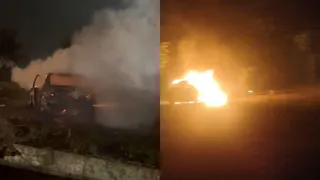 Greater Noida: Narrow Escape For 3 As Moving Car Catches Fire Near Ajnara Roundabout; CNG Cylinder Explodes
