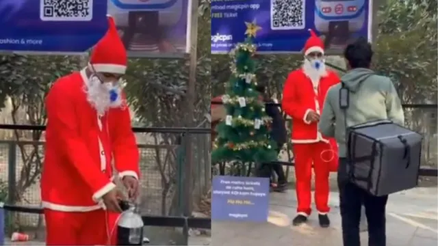 santa-claus-in-delhi-wears-oxygen-mask-hands-out-free-metro-tickets-to-promote-public-transport-in-viral-video