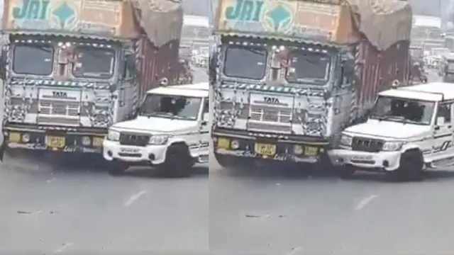 horrific-accident-caught-on-cctv-mahindra-bolero-suv-crushed-under-overloaded-truck-whos-at-fault