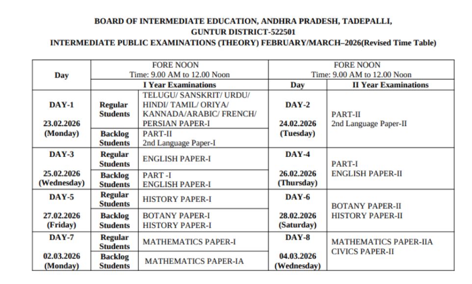 AP Intermediate Exam Schedule 2026: BIEAP Releases Revised Time Table ...