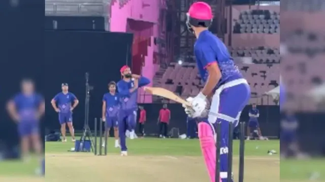 ipl-2026-yashasvi-jaiswal-slams-ravindra-jadeja-for-six-during-practice-rajasthan-royals-stars-reaction-viral-watch
