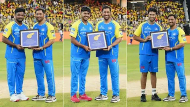 ipl-2026-ms-dhoni-felicitates-world-champions-sanju-samson-shivam-dube-ayush-mhatre-at-chepauk