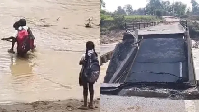 chhattisgarh-key-bridge-in-surajpur-village-collapses-forcing-schoolchildren-to-cross-river-at-risk-of-their-lives