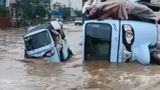 Ghaziabad Rain: Auto-Rickshaw Overturns On Waterlogged Road; Locals Rescue Trapped Passengers | WATCH