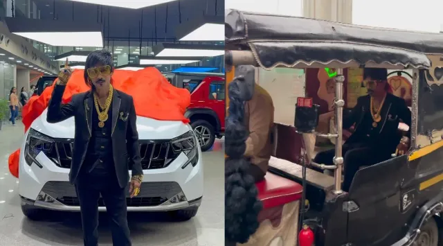 watch-influencer-dolly-chaiwala-buys-new-mahindra-xuv-7xo-reaches-showroom-in-auto-rickshaw
