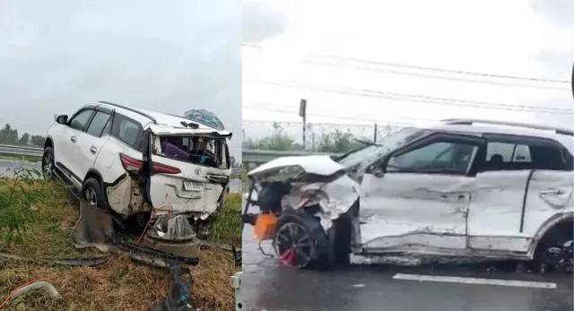 bjp-mla-injured-after-fortuner-spins-out-of-control-crashes-into-pole-on-ganga-expressway-watch