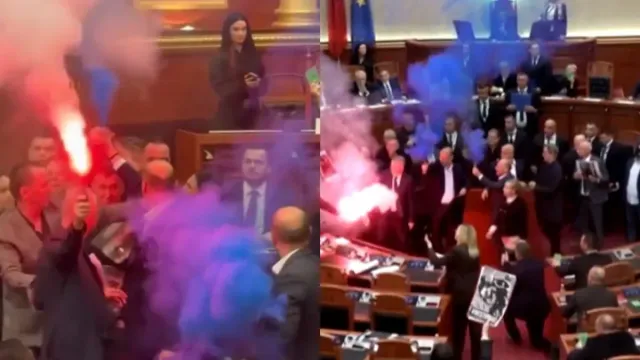 albania-parliament-chaos-erupts-as-opposition-mp-clash-over-anti-government-protest-flares-smoke-bombs-water-bottles-video